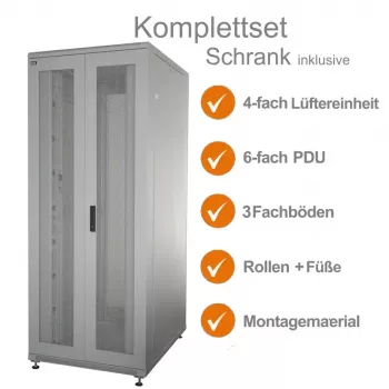 IT-BUDGET 19 inch Server Rack SRK komplektas - 42U - WxD 800x1000 mm - Perforuotos dvigubos durys priekyje ir gale - 4 aktyvūs ventiliatoriai - PDU - Lentynos - Surinktas - Šviesiai pilkas 99ITB19SRK42810DTGM