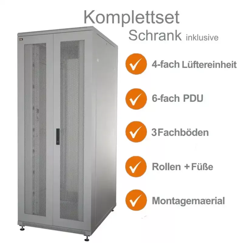 IT-BUDGET 19 inch Server Rack SRK komplektas - 42U - WxD 800x1000 mm - Perforuotos dvigubos durys priekyje ir gale - 4 aktyvūs ventiliatoriai - PDU - Lentynos - Surinktas - Šviesiai pilkas 99ITB19SRK42810DTGM