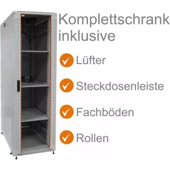 IT-BUDGET 19 inch Tinklo spintelė SRK pilnas rinkinys 38U 600x800 mm stiklinės/plieninės durelės 4 aktyvūs ventiliatoriai PDU lentynos išardytas šviesiai pilka 90ITB19SRK3868GG