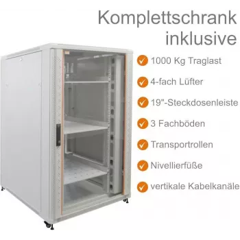 IT-BUDGET 19 colių serverio spintelė SRK pilnas rinkinys - 27U - 800x1000 mm - permatomomis/vientisomis durelėmis - 4 aktyvūs ventiliatoriai - PDU - lentynos - surinkta - šviesiai pilka 99ITB19SRK27810GGM