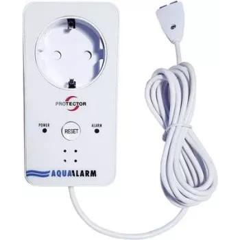 M-E MODERN-ELECTRONICS ME WA-5 vandens nuotėkio detektorius su integruotu lizdu, 230V, 2m jutiklio kabelis, garsinis signalas >85dB, raudonas LED, Schuko lizdo perjungimas 16A
