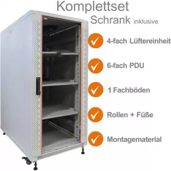 IT-BUDGET 19 inch Tinklo spintelė SRK Pilnas rinkinys, 18U, 600x800 mm, Stiklinės/Plieninės durys, 4 aktyvūs ventiliatoriai, PDU, lentynos, Surinkta, Šviesiai pilka 99ITB19SRK1868GGM