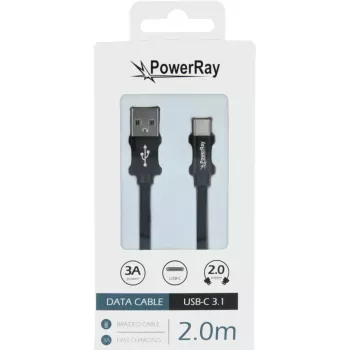 PowerRay duomenų kabelis PR-DCUC200TBK, USB-A į USB-C, 2,0 m, tekstilinis juodas, blisteris