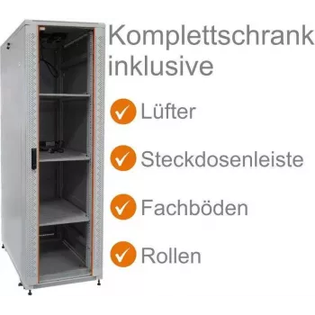 IT-BUDGET 42U 19 inch Tinklo Spintos Komplektas 600x600mm Šviesiai Pilka su Stiklinėmis Priekinėmis Durimis, Kietomis Galinėmis Durimis, 4 Aktyviais Ventiliatoriais, PDU, Lentynomis, Išardoma (90ITB19SRK4266GG)