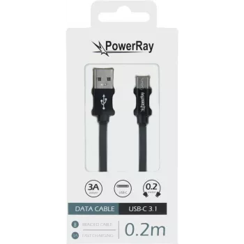 PowerRay PR-DCUC020TBK USB-A į USB-C duomenų ir įkrovimo kabelis, 0,2 m, tekstilinis juodas, blister