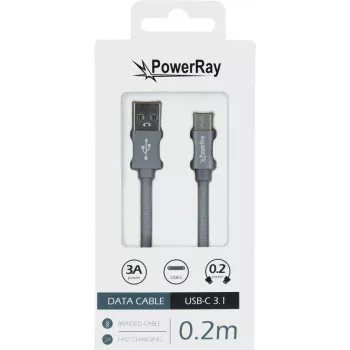 PowerRay duomenų kabelis PR-DCUC020TGY, USB-A į USB-C, 0,2 m, tekstilės pilkas, blisteris