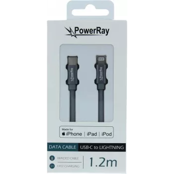 PowerRay USB-C į Lightning MFi sertifikuotas pintas kabelis 1,2m pilkas PR-DCCL120TGY