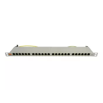 IT-BUDGET 19 inch Super Flat 0.5U visiškai ekranuotas Cat.6A 24 prievadų PoE++ patch panelis, šviesiai pilkas 90ITBPP6A05G