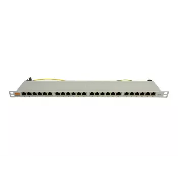 IT-BUDGET 19 inch Super Flat 0.5U visiškai ekranuotas Cat.6A 24 prievadų PoE++ patch panelis, šviesiai pilkas 90ITBPP6A05G