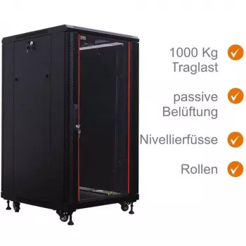IT-BUDGET 19 inch Tinklo spintelė SRK - 22U - 600x600 mm - Stiklinės/Storos durys - Surinkta - Juoda 99ITB19SRK2266GSNM