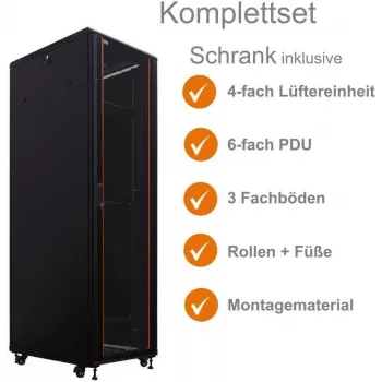 IT-BUDGET 19 inch Tinklo spintelė SRK pilnas komplektas - 42U - 600x800 mm - Stiklinės/Stiprios durys - 4 aktyvūs ventiliatoriai - PDU - Lentynos - Surinkta - Juoda (99ITB19SRK4268GSM)