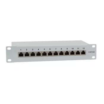 IT-BUDGET 10 colių pataisų skydas (Patch Panel) - Ekranuotas - Cat.6A - 500MHz - 12 prievadų RJ45 - PoE+ - 1U - Pilkas (90ITB10PP6AG)
