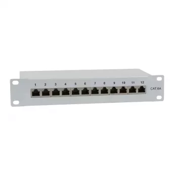 IT-BUDGET 10 colių pataisų skydas (Patch Panel) - Ekranuotas - Cat.6A - 500MHz - 12 prievadų RJ45 - PoE+ - 1U - Pilkas (90ITB10PP6AG)