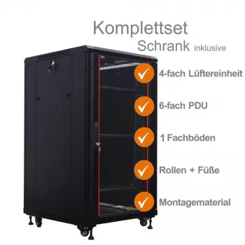 IT-BUDGET 19 inch Tinklo spintelė SRK pilnas rinkinys - 18U - 600x600 mm - stiklinės/plieninės durelės - 4 aktyvūs ventiliatoriai - PDU - lentynos - surinkta - juoda 99ITB19SRK1866GSM