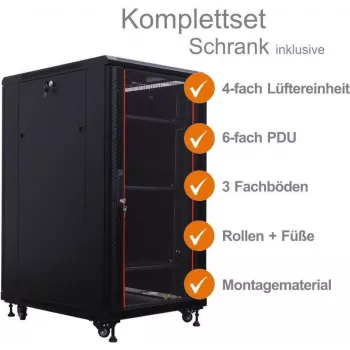 IT-BUDGET 19 inch tinklo spinta SRK komplektas - 22U - 600x800 mm - stiklinės/plieninės durys - 4 aktyvūs ventiliatoriai - PDU - lentynos - surinkta - juoda (99ITB19SRK2268GSM)