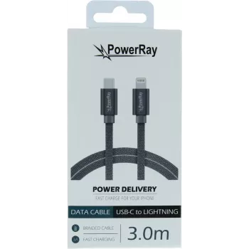 PowerRay USB-C į Lightning pintas kabelis 3 m, tekstilinis pilkas PR-DCCL300TGY