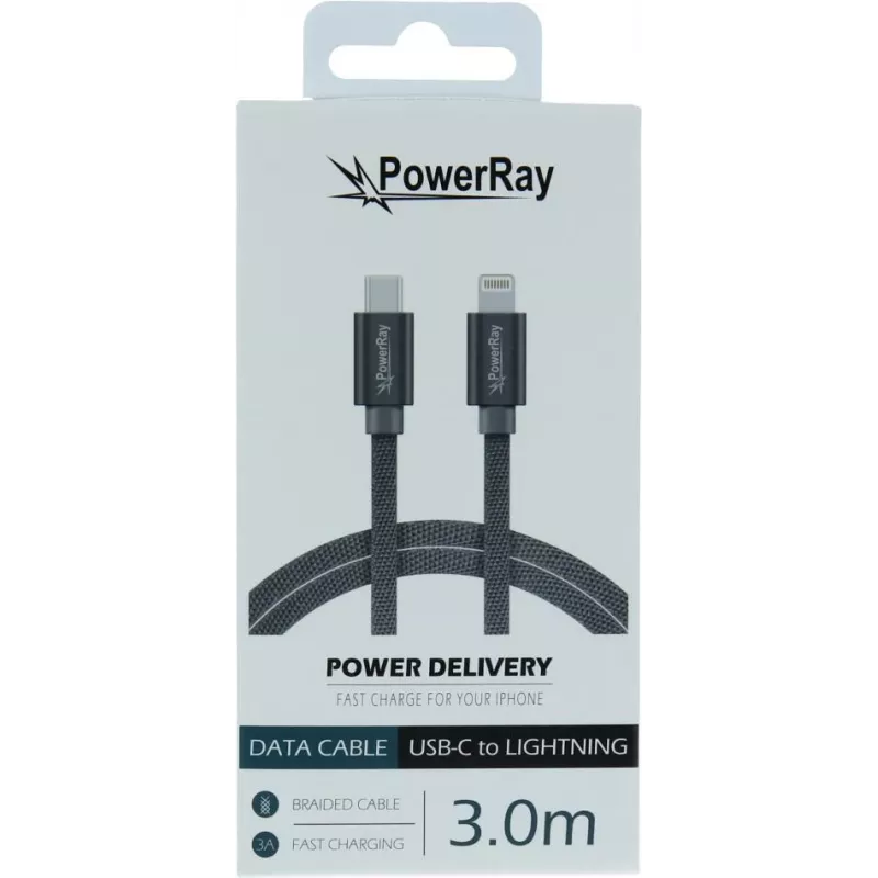 PowerRay USB-C į Lightning pintas kabelis 3 m, tekstilinis pilkas PR-DCCL300TGY