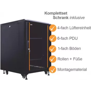 IT-BUDGET 19 inch Tinklo spintos SRK pilnas komplektas 12U 600x800 mm stiklo/plieno durelės, 4 aktyvūs ventiliatoriai, PDU, lentynos, surinkta, juoda 99ITB19SRK1268GSM