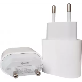 PowerRay PRMHJE3 20W USB-C PD sieninis įkroviklis, EU 2 kontaktų, baltas, blister pack
