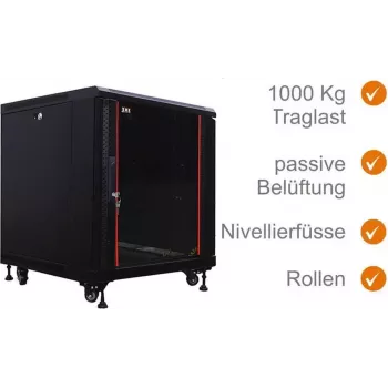 IT-BUDGET 19 inch Tinklo spintelė SRK - 12U - 600x800 mm - Stiklo/Plieno durys - Išardoma - Juoda (90ITB19SRK1268GSN)