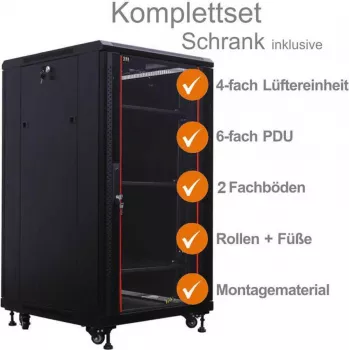 IT-BUDGET 19 inch Tinklo spintelė SRK pilnas komplektas 22U 600x600mm stiklinės/plieninės durys 4 ventiliatoriai PDU lentynos surinkta juoda 99ITB19SRK2266GSM
