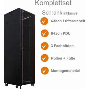 IT-BUDGET 19 inch Tinklo spintos SRK komplektas 38U 600x800mm stiklinės/plieninės durelės, 4 aktyvūs ventiliatoriai, PDU, lentynos, išardytas, juodas 90ITB19SRK3868GS