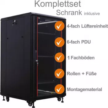 IT-BUDGET 19 inch Tinklo spintos SRK komplektas - 18U - 600x600 mm - Stiklinės/Vientisos durelės - 4 aktyvūs ventiliatoriai - PDU - Lentynos - Išardytas - Juoda 90ITB19SRK1866GS