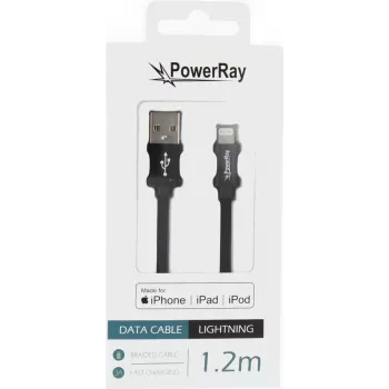 PowerRay PR-DCUL120TBK USB-A į Lightning MFi sertifikuotas pintas nailoninis duomenų ir įkrovimo kabelis, 1,2 m, juodas