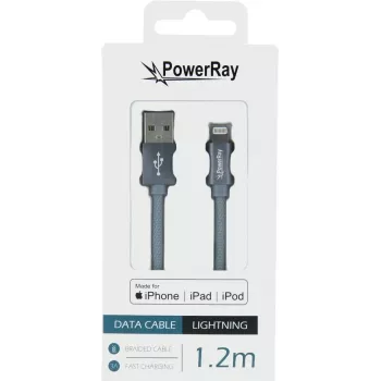 PowerRay USB to Lightning MFi pintas kabelis 1,2 m, tekstilinis pilkas PR-DCUL120TGY