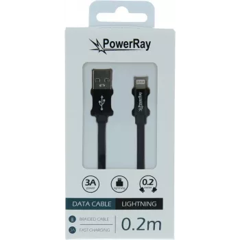 PowerRay USB-A į Lightning duomenų/įkrovimo kabelis 0,2 m, tekstilinis, juodas PR-DCUL020TBK
