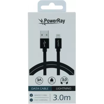 PowerRay USB į Lightning duomenų kabelis 3 m, tekstilinis, juodas PR-DCUL300TBK