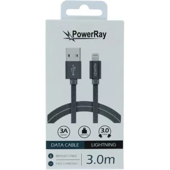 PowerRay USB į Lightning duomenų ir įkrovimo kabelis 3m tekstilinis pilkas PR-DCUL300TGY