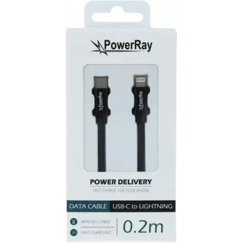 PowerRay PR-DCCL020TBK USB-C į Lightning duomenų kabelis, 0,2 m, tekstilinis juodas, blisteris