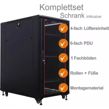 IT-BUDGET 19 inch Tinklo spintelė SRK pilnas komplektas - 18U - 600x1000 mm - Stiklinės/Plieninės durelės - 4 aktyvūs ventiliatoriai - PDU - Lentynos - Išardoma - Juoda 90ITB19SRK18610GS