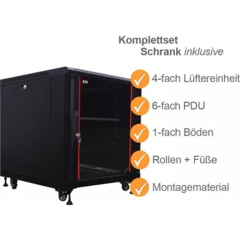 IT-BUDGET 19 inch Tinklo spintos SRK komplektas 12U 600x800 mm stiklo/plieno durelės su 4 ventiliatoriais, PDU, lentynomis, išardoma, juoda 90ITB19SRK1268GS