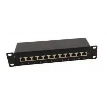 IT-BUDGET 10 colių patch panelis - ekranuotas - Cat.6A - 500MHz - 12 prievadų RJ45 - PoE+ palaikymas - 1U - juodas (90ITB10PP6AS)