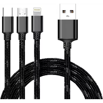 CYOO 3-in-1 USB įkrovimo ir duomenų kabelis - Micro USB, USB-C, Lightning - juodas
