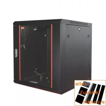 IT-BUDGET 19 colių tinklo spintelė SWA - 12U - 570x600 mm - Stiklinės durelės - Nuimami šonai - Sieninis/grindinis montavimas - Priedų rinkinys - Juoda 90ITB19WS1266GS