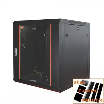 IT-BUDGET 19 colių tinklo spintelė SWA - 12U - 570x600 mm - Stiklinės durelės - Nuimami šonai - Sieninis/grindinis montavimas - Priedų rinkinys - Juoda 90ITB19WS1266GS