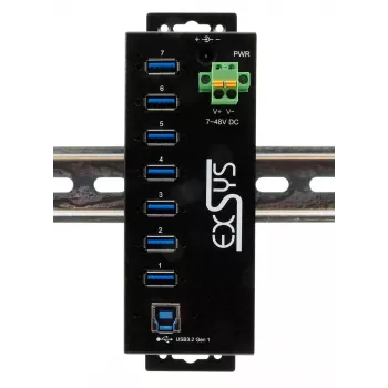 EXSYS USB 3.2 Gen1 7 prievadų pramoninis šakotuvas su DIN bėgio tvirtinimo rinkiniu ir 15kV ESD apsauga (EX-1187HMVS-2)