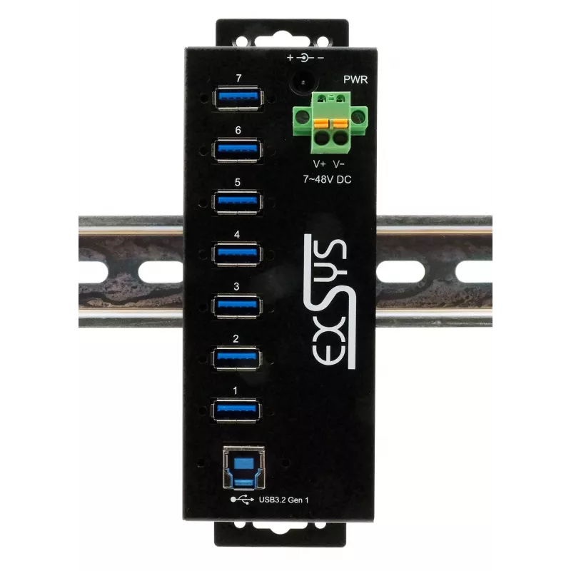 EXSYS USB 3.2 Gen1 7 prievadų pramoninis šakotuvas su DIN bėgio tvirtinimo rinkiniu ir 15kV ESD apsauga (EX-1187HMVS-2)
