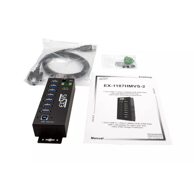 EXSYS USB 3.2 Gen1 7 prievadų pramoninis šakotuvas su DIN bėgio tvirtinimo rinkiniu ir 15kV ESD apsauga (EX-1187HMVS-2)