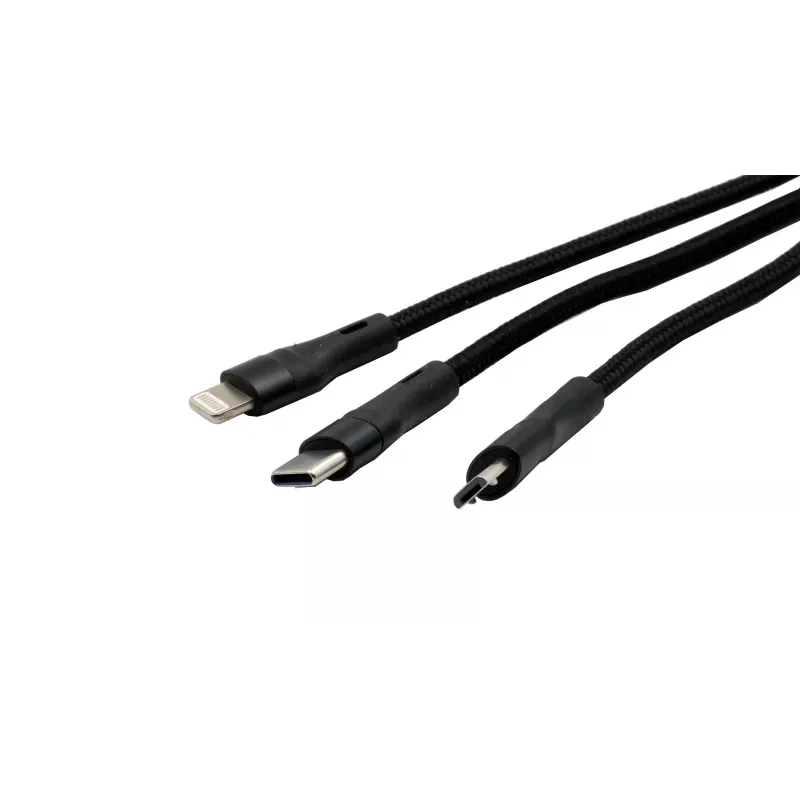 EXSYS EX-K1404 2-in-1 į 3-in-1 USB-C/A į USB-C/Micro B/Lightning nailonu pintas daugiafunkcis įkrovimo ir duomenų kabelis, 1,2 m, juodas