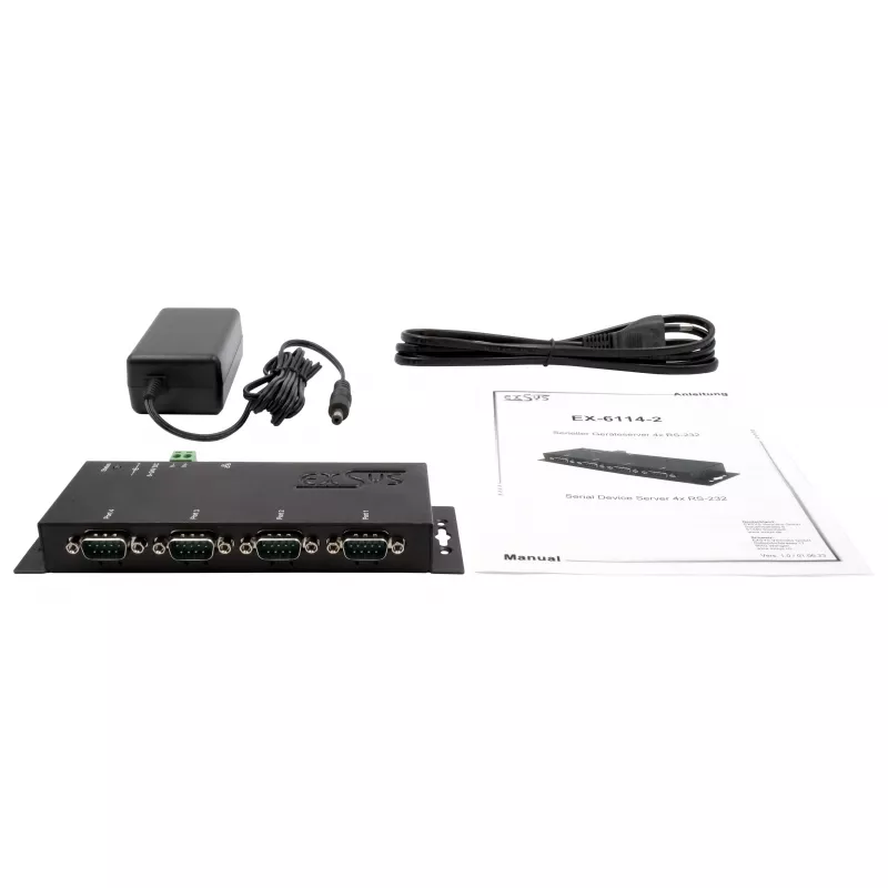 EXSYS EX-6164 4 prievadų RS-232 serijinis įrenginių serveris, Ethernet į serijinį, metalinis, 10/100 Mbps, Virtual COM