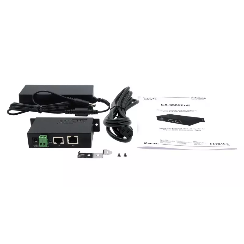EXSYS EX-6009POE 90W Gigabit PoE++ injektorius, 48-57V DC gnybtų įvestis, IEEE 802.3bt Type 4, DIN-bėgio/sieninis montavimas