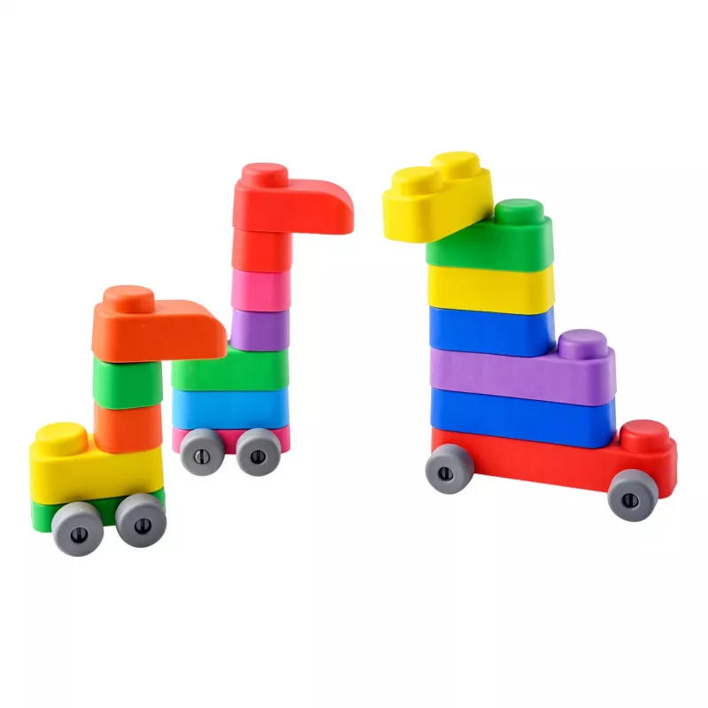 Gerardo's Toys minkštų konstravimo kaladėlių rinkinys su ratukais, 33 dalys (25 kaladėlės + 8 ratukų dalys)