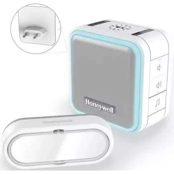 Honeywell DC515SP2L belaidis durų skambutis su kištukiniu skambučiu ir mygtuku, 150 m nuotolis, 6 melodijos, baltas