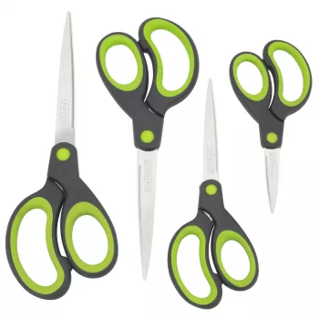 Rapesco Soft Grip žirklės, rinkinys, 4 vnt., nerūdijančio plieno ašmenys, ergonomiškos rankenos, 21cm/17cm/13cm/9cm, juodos/pilkos 1576