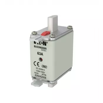 Eaton 63NHG00B NH saugiklis 63 A 500 V AC gG 00 dydis su mechaniniu indikatoriumi (3 vnt. pakuotė)