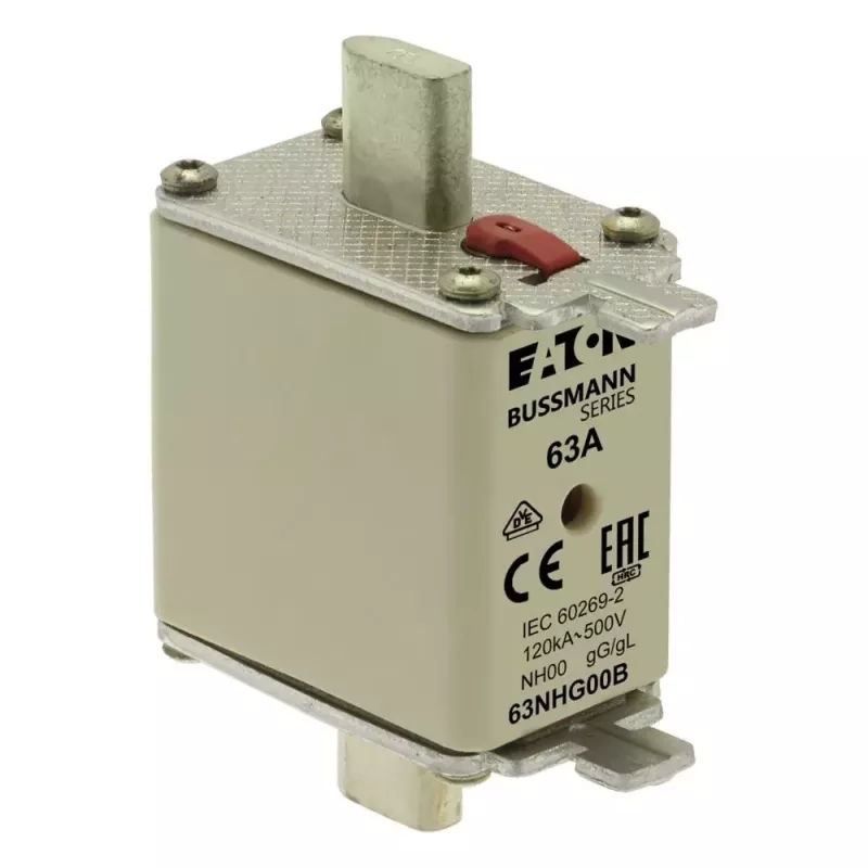 Eaton 63NHG00B NH saugiklis 63 A 500 V AC gG 00 dydis su mechaniniu indikatoriumi (3 vnt. pakuotė)